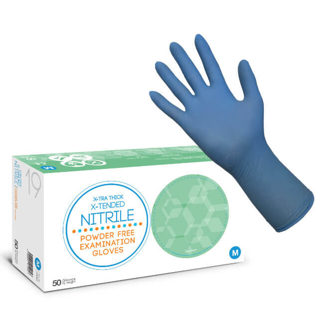 Blue Extended Cuff Nitrile Gloves Powder Free - Extra Thick | EN374 & EN455 50 Pack - S, M, L, XL
